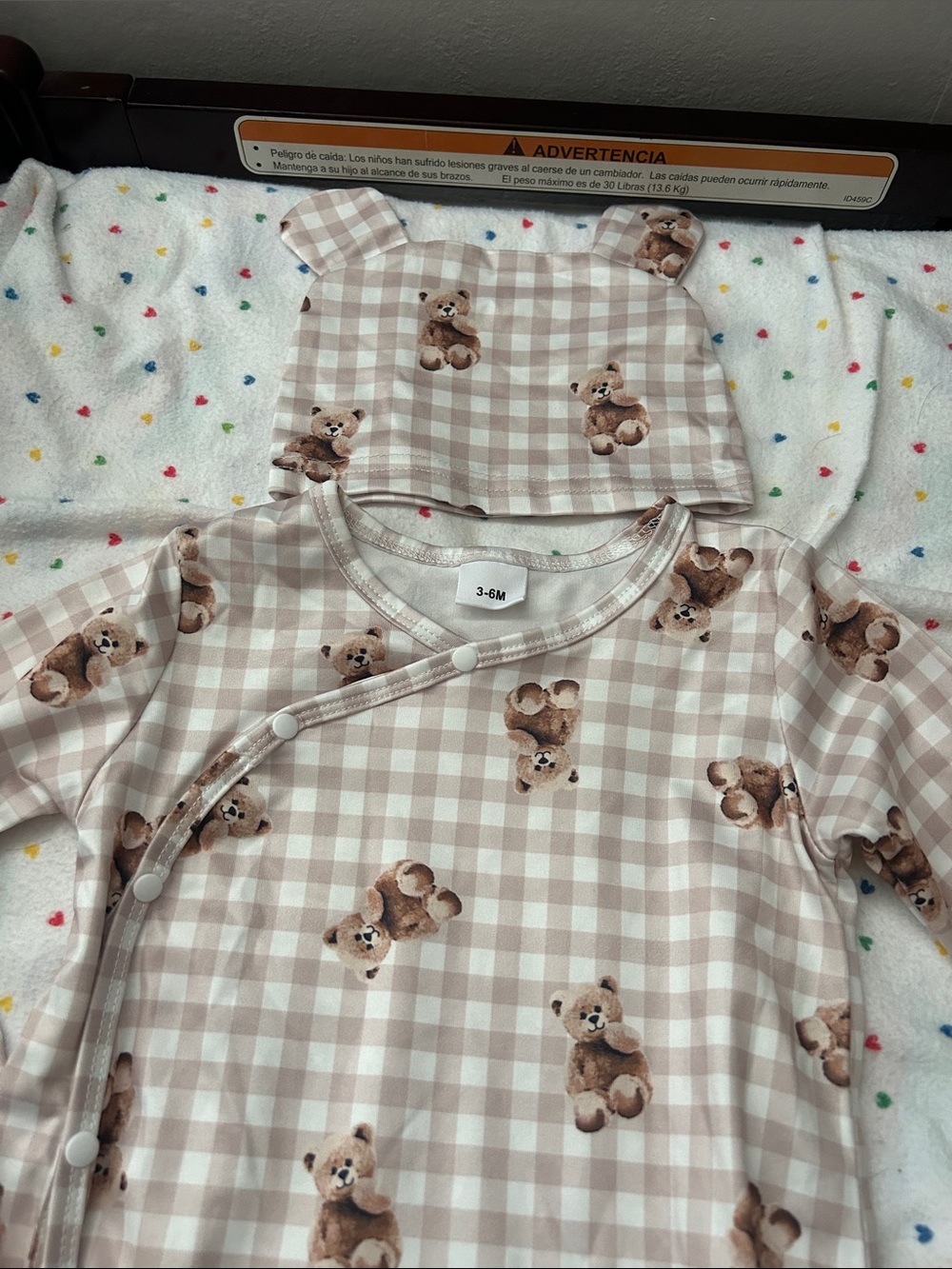 Soft Beige Gingham Teddy Baby One-Piece with Hat - Picture 2 of 7
